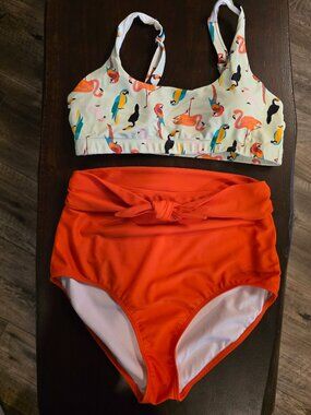 Swimzip Women's Bikini-Tropical Birds & Fiesta Red